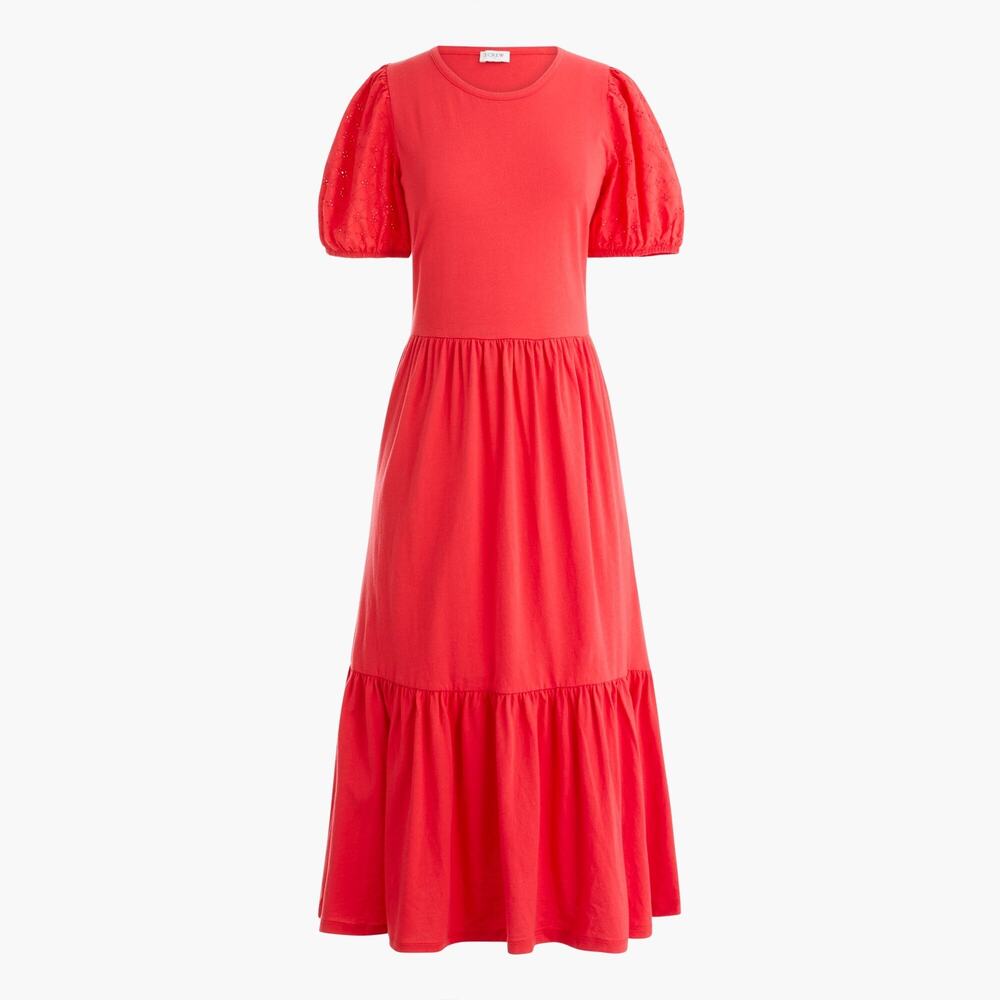 Preppy Summer J. Crew 100% Cotton Red Tiered Eyelit Knit Puff Sleeve Midi Dress